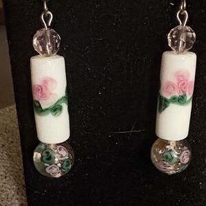 Hand Crafted Porcelain and Glass Earrings with Pink Floral Design